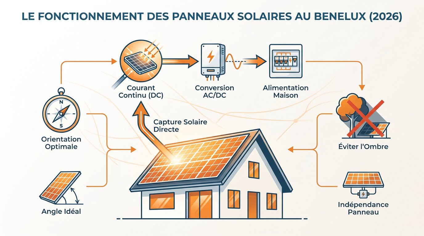 Schéma technique du fonctionnement d'une installation photovoltaïque au Benelux en 2026